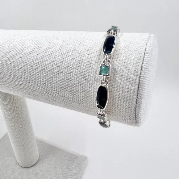 Light & Dark Green Enameled Shiny Silver Tone 7” Bracelet - Picture 3 of 6